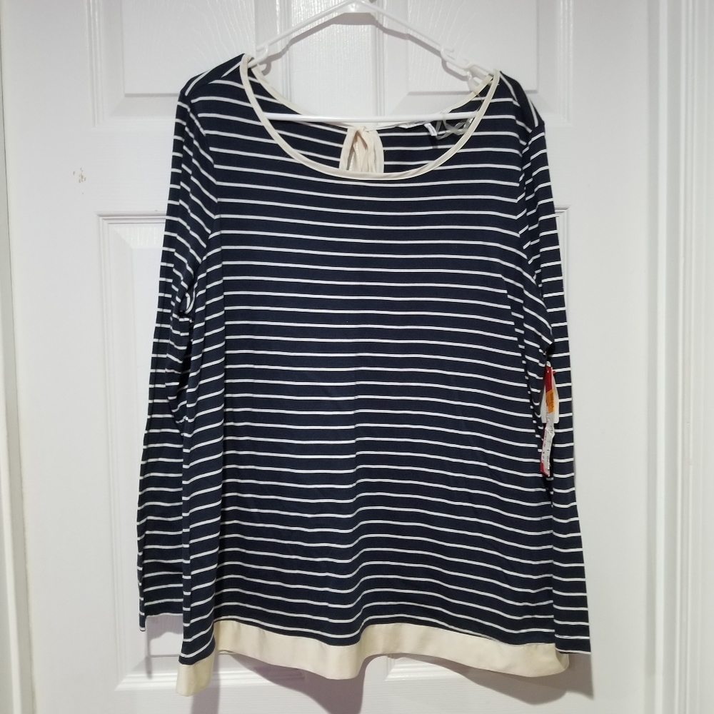 French Connection Pearl Iridescent Keyhole Hem Nautical Striped Long Sleeve Top